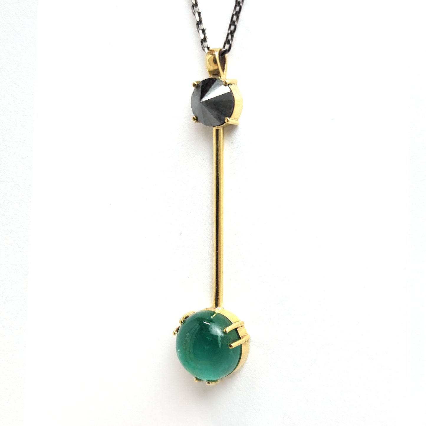 Gold Pendant - Cabochon emerald and Black diamond